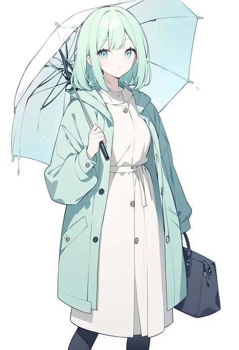 anime girl, pastel,theme color green, fashionable woman, navy blue hooded raincoat, light green dress, holding striped umbrella, minimalist style, rainy day look, casual and modern, clean white background, relaxed pose, functional and stylish, neutral color palette, soft lighting, practical fashion, contemporary outfit, everyday wear, focus on outerwear and layering, chic and simple design