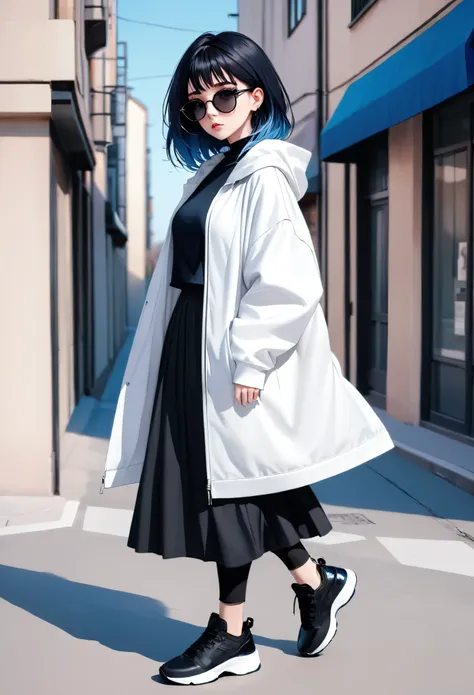 anime girl, pastel,dark gothic style, fashionable woman, white oversized jacket, blue top, black midi skirt, black leggings, bla...