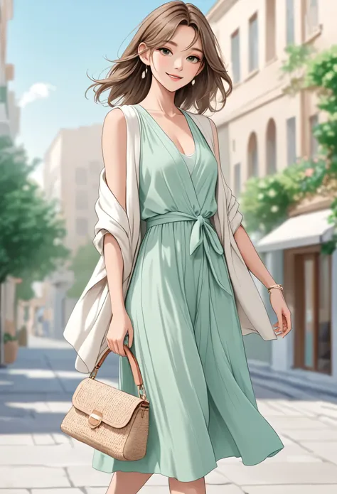 anime girl, pastel,theme color green, fashionable woman, light blue midi dress, sleeveless design, white cardigan draped over sh...