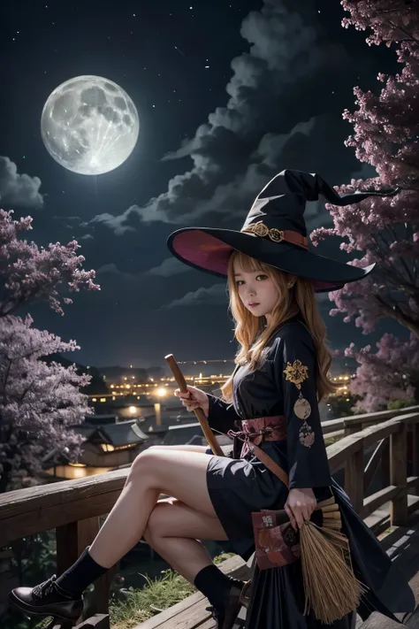 Coloring book、witch、 Japanese、 are riding brooms、50 bats 、Moonlit Night