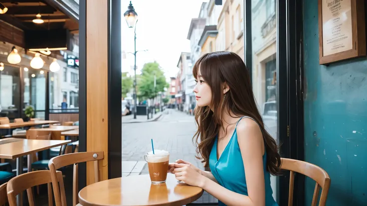 A woman is sitting alone in a cafe、Photographed from the side of a woman 、only one woman 、Long and cute 、Her hair is untied 、 hair is brown、Slim legs can also be seen 、The chestＣSlim woman with cup 、 wearing a bright blue dress with her shoulders sticking ...