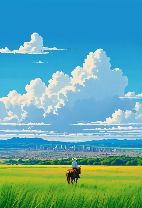 (minimalism:1.4), a cowboy on the city, Studio Ghibli art, Miyazaki, pasture with city view, blue sky and white clouds