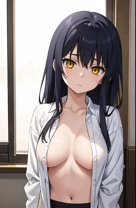 ,Miko Yotsuya, Open shirt showing yellow eyes breasts.