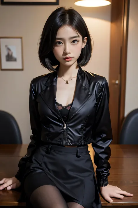 ((BOB hair)), (flat chest:1.8),(SLENDER:1.4),4k,8k,High resolution, fine representation, photographic quality.,20 years old, (Make-up:1.5), Very detailed, High quality, Masterpiece,(tight skirt)(necklace, bracelet, ring),pantyhose, thin legs, thin waist,sh...