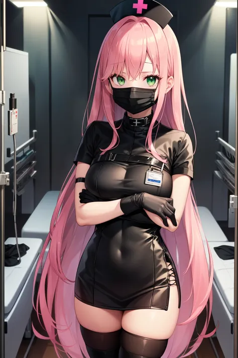 black nurse, 1woman, solo, black nurse cap, black nurse uniform, ((black legwear, zettai ryouiki)), black elbow gloves, pink hai...