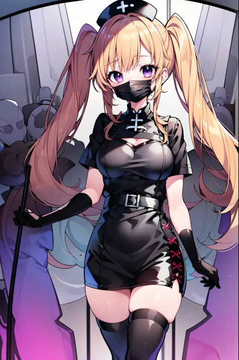 black nurse, 1girl, solo, black nurse cap, black nurse uniform, ((black legwear, zettai ryouiki)), black elbow gloves, twintails...