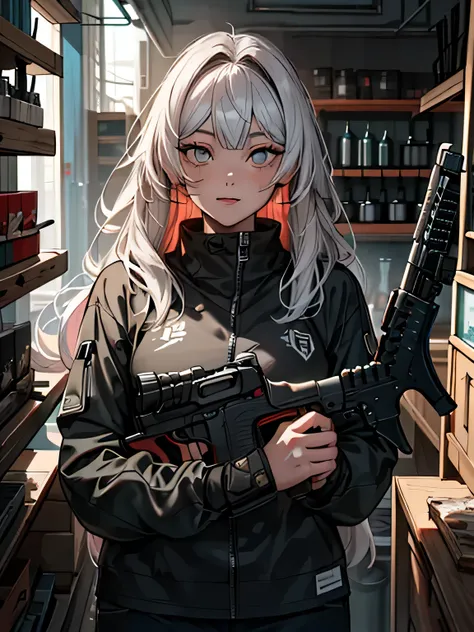 (top-quality, ​masterpiece:1.2) | A detailed eye:1.2 1 female ,Solindo (dynamic ungle, cowboy style,POV, faces, The long-haired,Gun Shop) gargantilha, The shirt, Open sweatshirt, finely detailed, ​masterpiece, Cyberpunk-style clothing