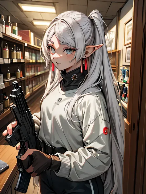 (top-quality, ​masterpiece:1.2) | A detailed eye:1.2 1 female ,Solindo (dynamic ungle, cowboy style,POV, faces, The long-haired,Gun Shop) gargantilha, The shirt, Open sweatshirt, finely detailed, ​masterpiece, Cyberpunk-style clothing