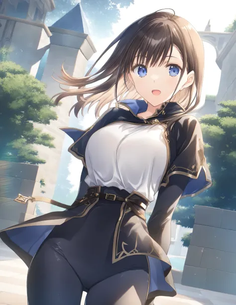 1girl, tomboy, little female, beautiful breasts, open mouth, outdoors,wind, fantasy, game CG, break,((artist:mitsumi_misato)),(artist:fujiyama),(artist:suzumori),(masterpiece), (best quality), (ultra-detailed), very aesthetic,  beauty illustration,super de...