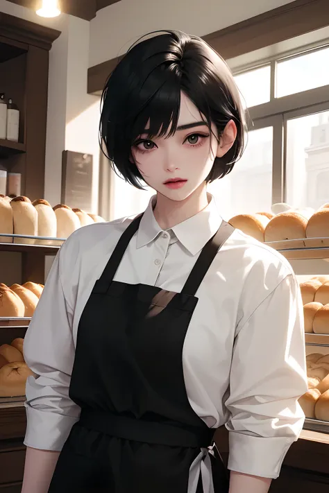 (((masterpiece)),best quality, beautiful detailed eyes, 8K resolution, Semi-realistic, cinematic lighting, detailed clothes, ultra detailed),1 woman, korean, cute, 30-year-old ((standing in a bakery section of a café, focused on baking bread)), ((a white s...