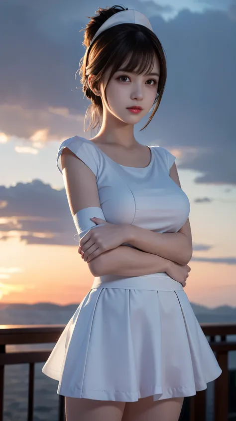 best quality, masterpiece, (realistic:1.2), (face and body straight at the camera;1.3), 1girl, , (silhouette lighting:1.3), sobbing, light brown chignon hair with bangs, white nurse costume, white nurse cap, white gloves and mask, detailed face, amber eyes...