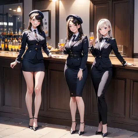 (2girls, masterpiece:1.5),(best quality, highest quality, Highest Resolution, ,Detailed depiction,Detailed Images:1.3),((whole body from toes to head, Full Body Shot, Including face)), 4K,Beautiful woman,((beret,military uniform suit), tight skirt), ((High...