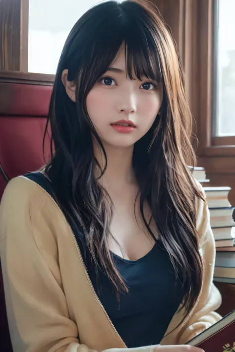 (( upper body:1.3)). blown away by a long wind [Blue-Black:.3] hair, watching the audience, ( table top:1.3), (8k, Realistic,  RAW photos from the last century, Best Quality: 1.4), Japanese, ( 1 girl),  Facial beauty, (Realistic face),{Wavy medium hair|Fro...