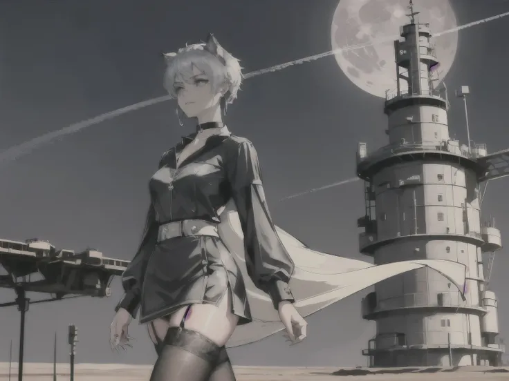 (masterpiece:1.2, best quality), (Two members), (((female: workers as Oil drilling,Hair: buzz cut, Clothing: Work clothes, Accessories: silver hoop earrings and a black choker necklace,Garter Stockings))),((cyber punk)),(((Place:In the vast desert))),(((Oi...