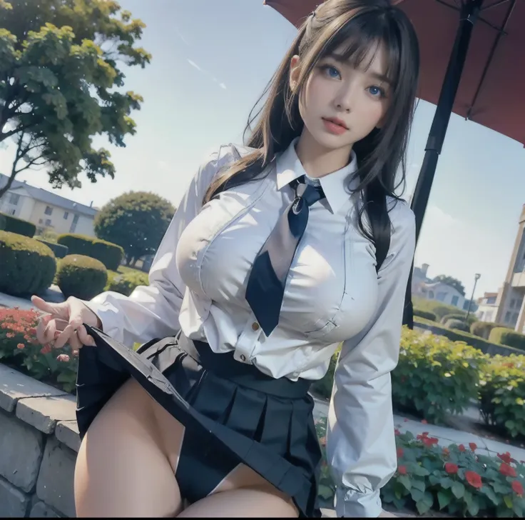 8K quality, Masterpiece, Mysterious backlighting,  super real , High chroma, (A beautiful woman with a slim waist and huge breasts), ( my clothes are tight and tight because of my huge breasts), Whitening skin, Half-up hairstyle with bangs, (Big, bright bl...