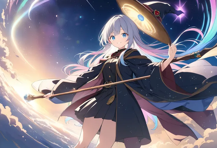 (((Anime)))   woman on a magic broom  , Harry Potter style  , light comes out of a broom  , Facing forward with left hand , light powder long hair , center part,( rainbow hair ) Big Eyes,( blue eyes),smile, profile magic robe ,red,witch&#39;  tri-corner ha...