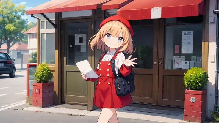 A chibi-style female character, 3-heads-tall, with a soothing expression, is dressed as a mail carrier in a cute red outfit. She wears a red hat and a matching red uniform, carrying a small satchel full of letters and packages. With a warm smile on her fac...