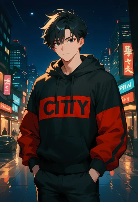 One boy black hair black eyes, wearing Red and Black hoodie , black pants,solo, in night city, 