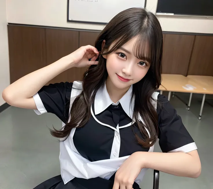 Highest quality, masterpiece,8k, Ultra-high resolution, （Smile）,(Realistic: 1.4), RAW Photos, Dynamic Pose,Black Hair,((uniform)),Young,1 girl, Glowing Skin, classroom, Dramatic lighting, whole body, high school girl,（underwear）