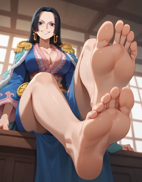 masterpiece, best quality, boa_hancock (one piece) , smile, barefoot, footstomp, soles, toes, two feet, foreshortening, view fro...