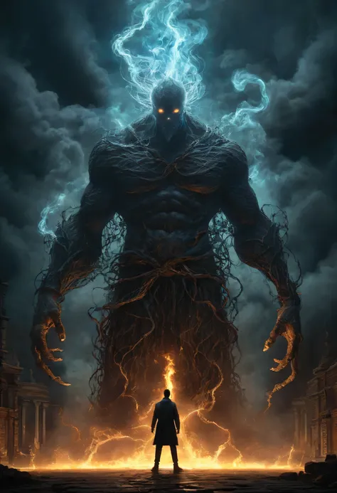 hyper detailed masterpiece, dynamic, awesome quality, night time,oversized smoke summoning giant, night time , theres electric current clad around its , theres a man walking in front of the summoning with his back against the summoning,looking to viewer 