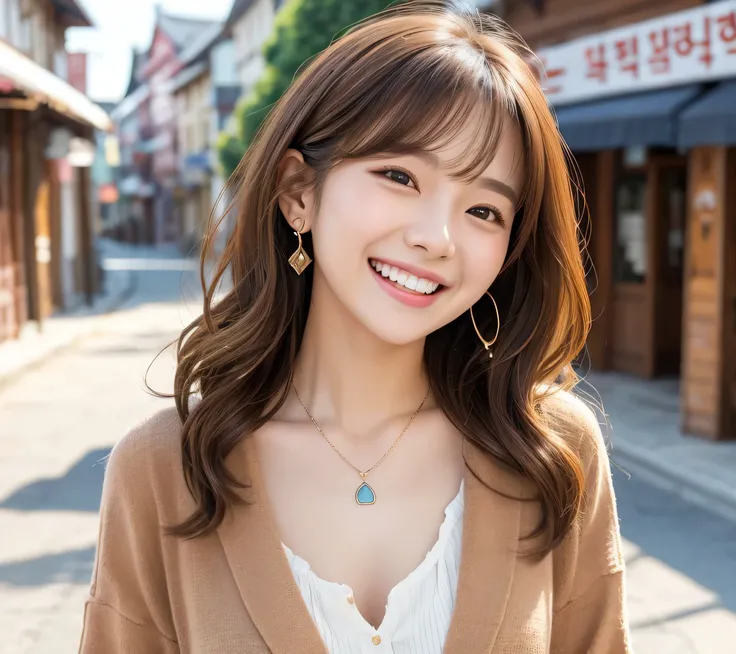 Beautiful young woman、 Korean women、Light brown hair、Wavy Hair、short hair、ear piercing、Necklace around the neck、blouse、Jacket、smile、Laughing with your mouth open、Beautiful teeth alignment、Intricate details, Very detailed:1.2), 、 Looking into the camera,The...