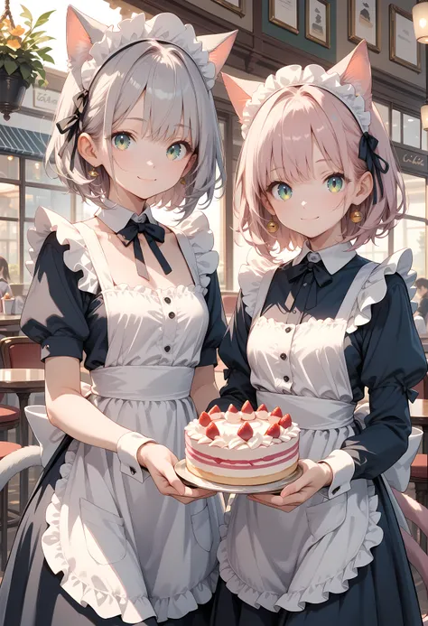 score_9, score_8_up, score_7_up, 2girl, cat girl, maid, cafe, holding cake, light smile, closed mouth, looking at viewer