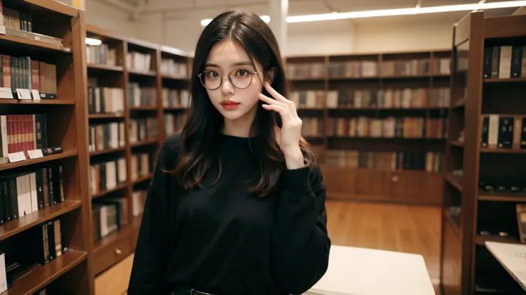  Libraries 、Beautiful woman wearing glasses with only lenses、Black clothes、 is standing