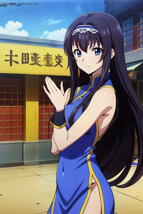 from side, 1 girl, cute, black hair, long hair, ahouting, kung fu in a blue chinese dress, raising one thing, beautiful thigh, i...