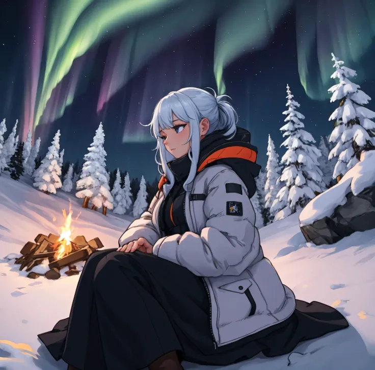 "A young woman sits alone by a campfire on a snowy mountain peak at night, looking up at the night sky illuminated by a vibrant aurora. She’s wrapped in a thick jacket, her breath visible in the cold air, surrounded by snow-covered rocks. The peaceful scen...