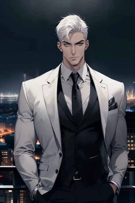 (absurdres, highres, ultra detailed, realistic, ), 1 male, solo, , mature, tall muscular guy, broad shoulders, handsome, very short hair, white hair, brown eyes, angular jaw, thick neck, thick eyebrows, night, dark, the night view of the city background, f...