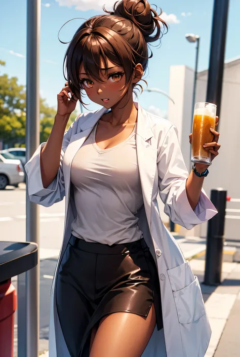  anime girl with lab coat and brown skin color and hair in a messy bun