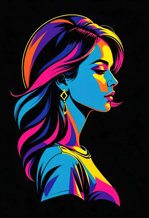 T-shirt logo design isolated on black background ,  Psychedelic , woman, drawing, from side,  PORTRAIT ,  Details, 8k,  simple background,, (( Award-winning )), (高 Details), sharp, 8k,  vector art with a single line