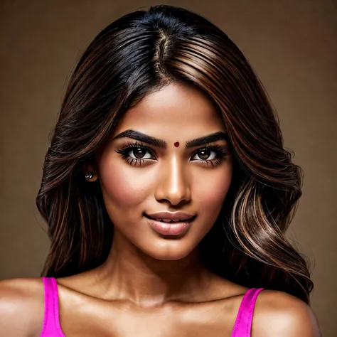 "Create a 23-year-old Indian female model with warm, lightly tanned skin that has a natural, subtle glow. Her eyes should be large, deep brown or hazel, with a soft shine and long, thick lashes, giving a captivating and confident look. The nose should be s...