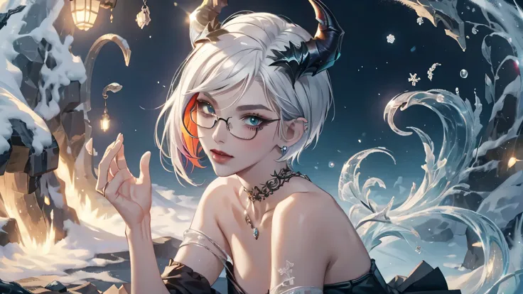8k, masterpiece, best quality, highly detailed, 1 girl, devil, demon horns, warlock, pixie cut, white hair, multicolored hair, very short straight hair, red highlight hair on white hair, stippled hair, wearing glasses, round glasses, earrings, navel pierci...