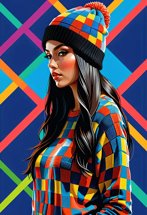 Psychedelic t-shirt logo design isolated on black background,  silhouette of a sexy woman wearing a knitted hat and sweater,  Psychedelic 、Checkerboard pattern, masterpiece, Best Quality, ((  detail face  )), (( Award-winning )), ( high detail), sharp, 8k,...