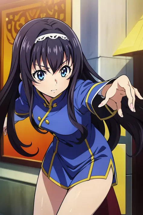 1 girl, cute, black hair, long hair, raising her voice, fighting stance, in a blue chinese dress, dynamic pose, beautiful thighs...