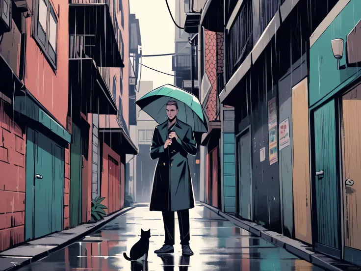 In the Rain,Marvels Loki ,1 abandoned cat ,Black Umbrella,alley,Retro,Chic colors,Tom Hiddleston ,whole body, person is in the middle,There is one person