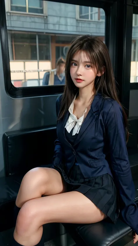 masterpiece,   High School Girl  ,   blue eyes、  light brown hair,（ I can see beautiful lace panties :1.5）,Navy blue socks,Put on your shoes ,    FULL BODY LESBIAN   、（ Sit on a chair on the train :1.5）,     detail face   ,  plump breasts ,  navy blue blaz...