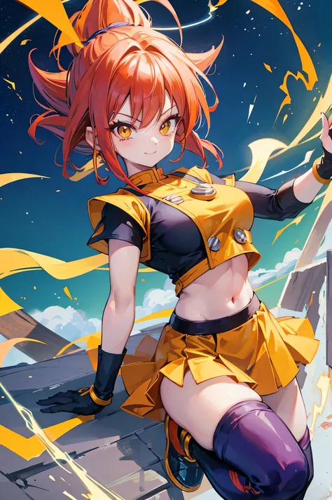 dragon ball style, cute saiyan girl, crimson hair, yellow eyes, , smile, electricity, aura, energy, dark navy blue saiyan outfit