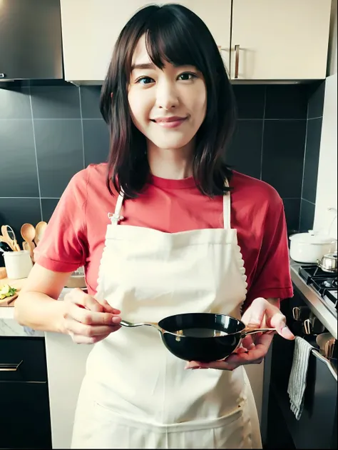 Best Quality, Very Detailed,masterpiece,Super detailed,Illustration, Ultra High Definition , ( Photorealistic :1.4,8k),kitchen, 1 girl,cute,(apron, ),day,Green, face, Black Hair ,Clear face,