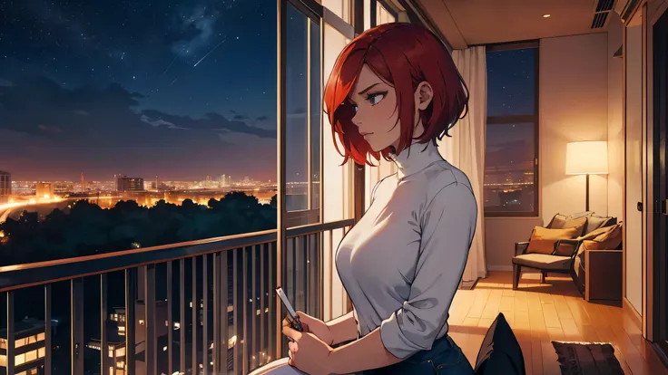 "A young woman with short, red hair sits on the edge of a balcony at night, gazing out over a quiet neighborhood illuminated by distant city lights. She is wearing a white turtleneck and jeans, with one leg casually folded beneath her as she brings a cigar...