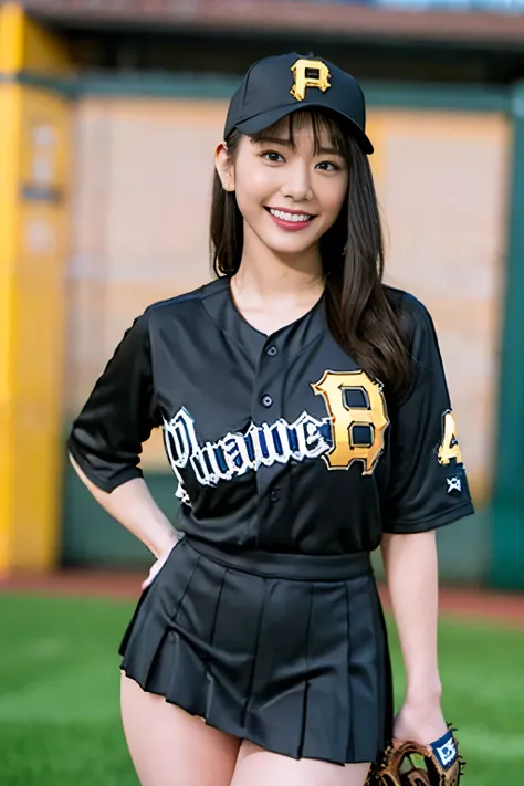 ((best quality)), ((masterpiece)), (detailed), 1girl,baseball player on baseball stadium,((clothed:1.1)),(Pittsburgh Pirates uniform),sexy black with yellow and white baseball uniforms,wearing black with yellow baseball cap ,baseball mittens ,hold baseball...