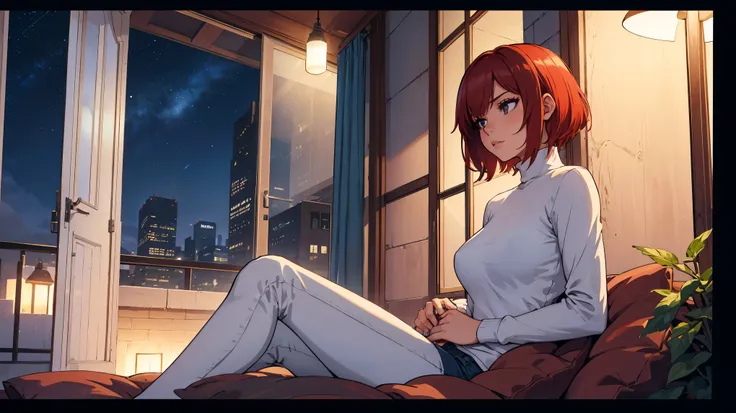 "A young woman with short, red hair sits on the edge of a balcony at night, gazing out over a quiet neighborhood illuminated by distant city lights. She is wearing a white turtleneck and jeans, with her legs casually folded beneath her as she holds a cigar...