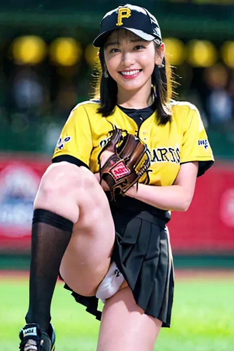 ((best quality)), ((masterpiece)), (detailed), 1girl,baseball player on baseball stadium,((clothed:1.1)),(Pittsburgh Pirates uniform),sexy black with yellow and white baseball uniforms,wearing black with yellow baseball cap ,baseball mittens ,hold baseball...