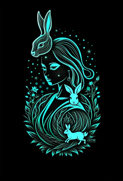 T-shirt logo design isolated on black background , Collaged girl and rabbit 、 Mobius Style、Double Exposure、Mobius Art  、Mobius Art  にインスパイアされたコラージュの手法を用いて、 Create an abstract creative art design reflecting the duality of materialism and spiritualism、 maste...