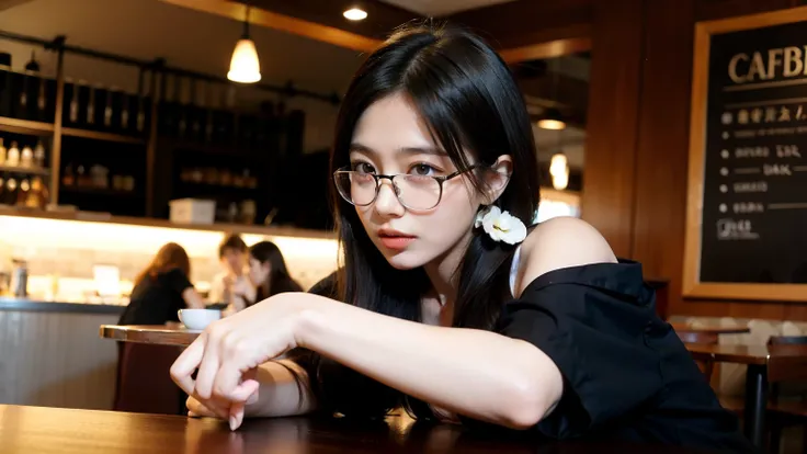 Cafe、Beautiful woman wearing glasses with only lenses、Black clothes、Stand up the index finger of one hand