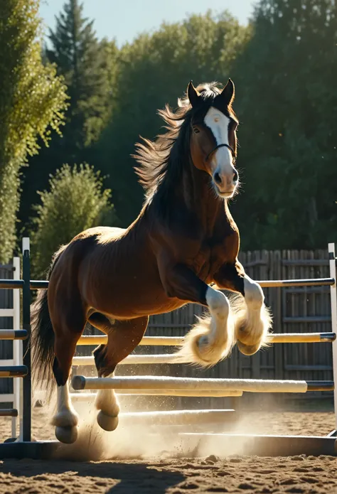 epic scene, a huge Clydesdale horse jumping over a tall obstacle, dynamic action shot, detailed fur texture, flowing black mane, sunlight illumination, professional photography, 4k, 8k, highres, masterpiece:1.2, ultra-detailed, realistic, photorealistic:1....