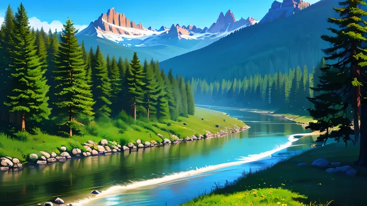 (masterpiece, highest quality:1.1), best quality, (extremely detailed cg unity 8k wallpaper), (a drawing of a river with a mount...