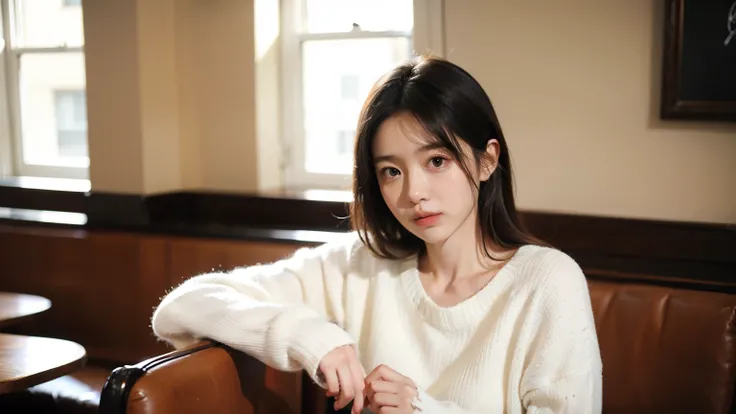 Cafe、Beautiful woman、thin white sweater、 Confused Expression 